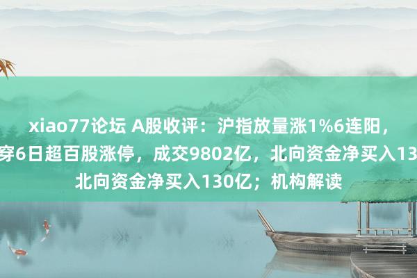 xiao77论坛 A股收评：沪指放量涨1%6连阳，4100股上升贯穿6日超百股涨停，成交9802亿，北向资金净买入130亿；机构解读